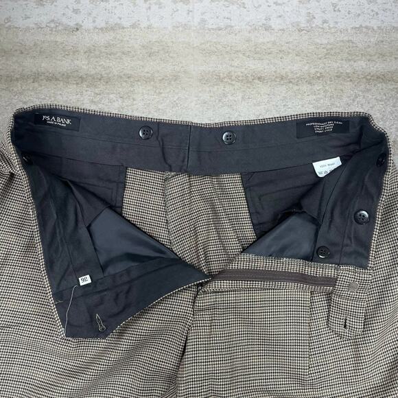 Jos A Bank Dress Pants Tan Houndstooth 100% Wool Baggy Wide Leg Pleated Front - Picture 4 of 4